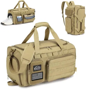 BAGZY 3 In 1 Tactical Duffle Bag for Men 40L Military Gym Bags with Shoe Compartment Sports Backpack for Fitness Weekender Deployment Workout Travel Overnight Weekender Khaki