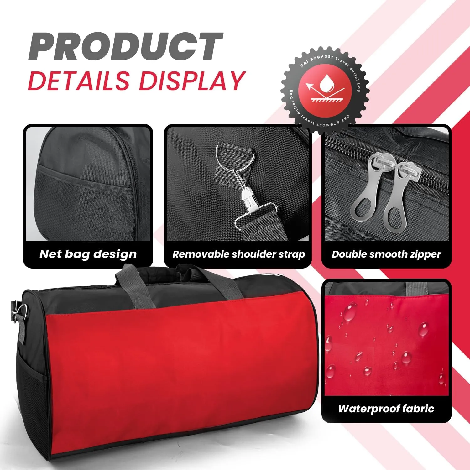 C&F BOGMOST Red Medium Travel Duffel Bag - 17" Foldable Waterproof Gym, Beach, Swim Bag - Polyester Oxford Cloth Sports Bag