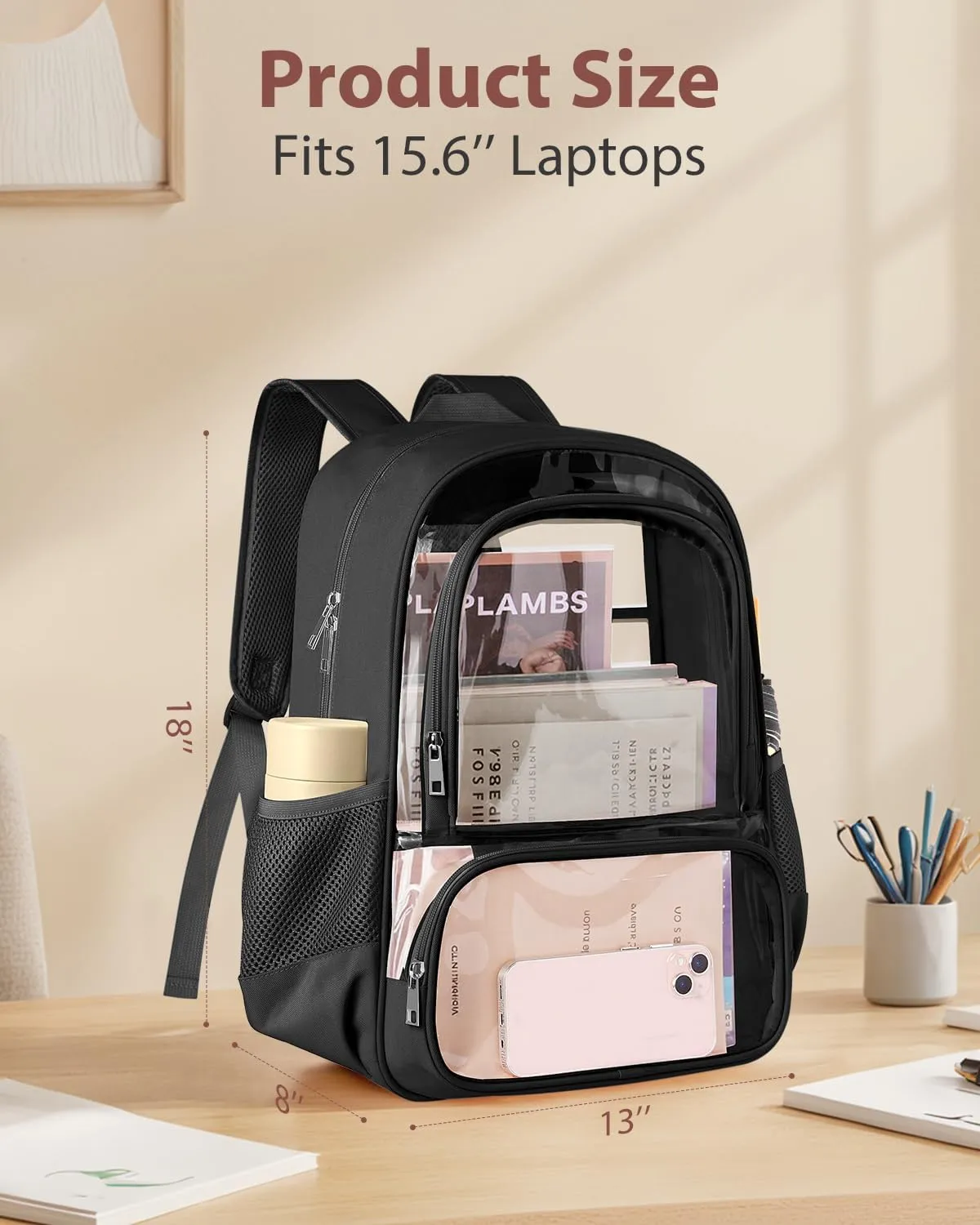 Clear Backpack, Heavy Duty Transparent Bookbag for School, Fabric & PVC Transparent Backpack with Reinforced Strap for Women Men, Capacity Clear Bag for College, Travel, X-Large Black