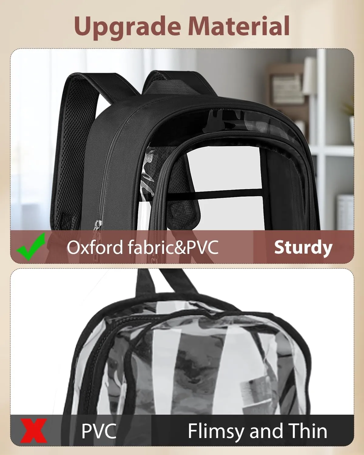 Clear Backpack, Heavy Duty Transparent Bookbag for School, Fabric & PVC Transparent Backpack with Reinforced Strap for Women Men, Capacity Clear Bag for College, Travel, X-Large Black
