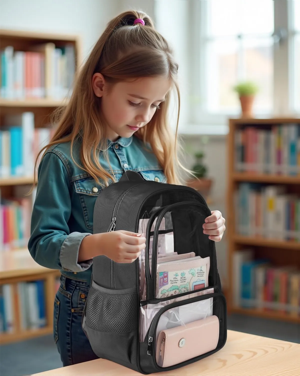 Clear Backpack, Heavy Duty Transparent Bookbag for School, Fabric & PVC Transparent Backpack with Reinforced Strap for Women Men, Capacity Clear Bag for College, Travel, X-Large Black