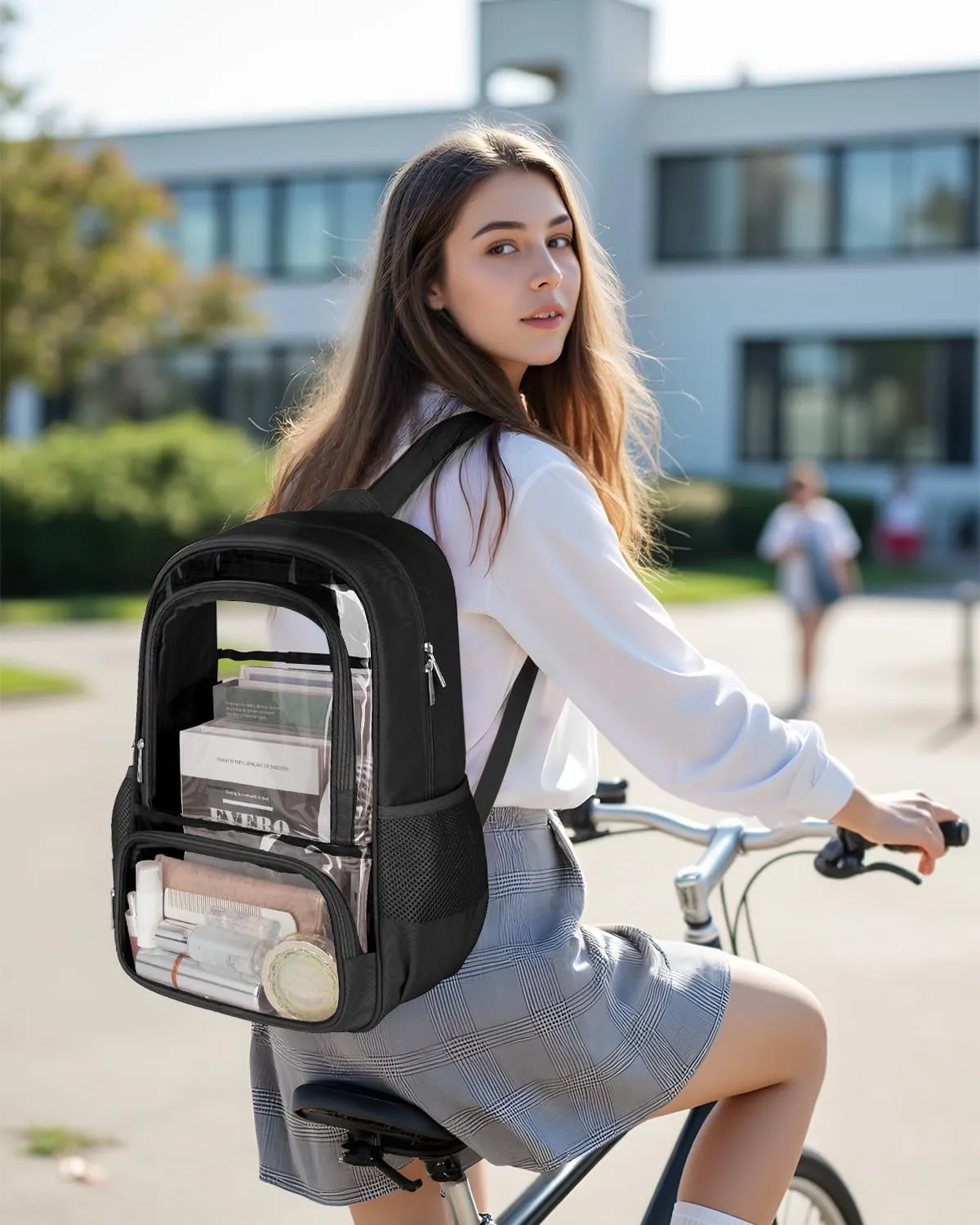 Clear Backpack, Heavy Duty Transparent Bookbag for School, Fabric & PVC Transparent Backpack with Reinforced Strap for Women Men, Capacity Clear Bag for College, Travel, X-Large Black