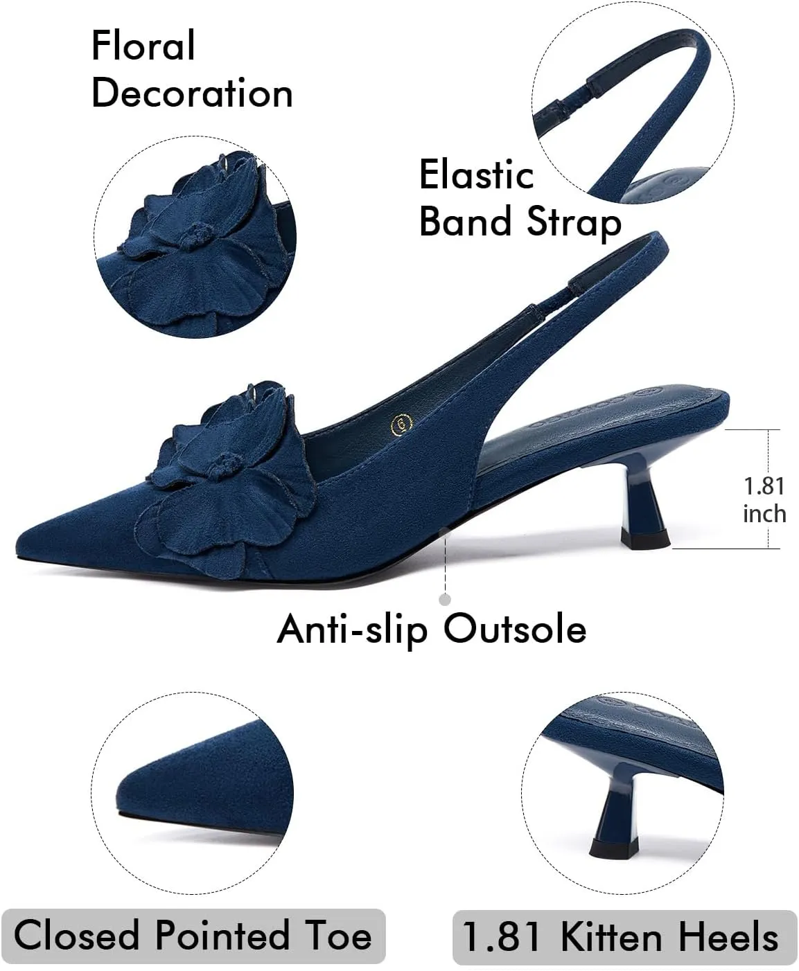 Coutgo Womens Slingback Kitten Heels Flower Closed Pointed Toe Pumps Wedding Party Dress Sandals Shoes