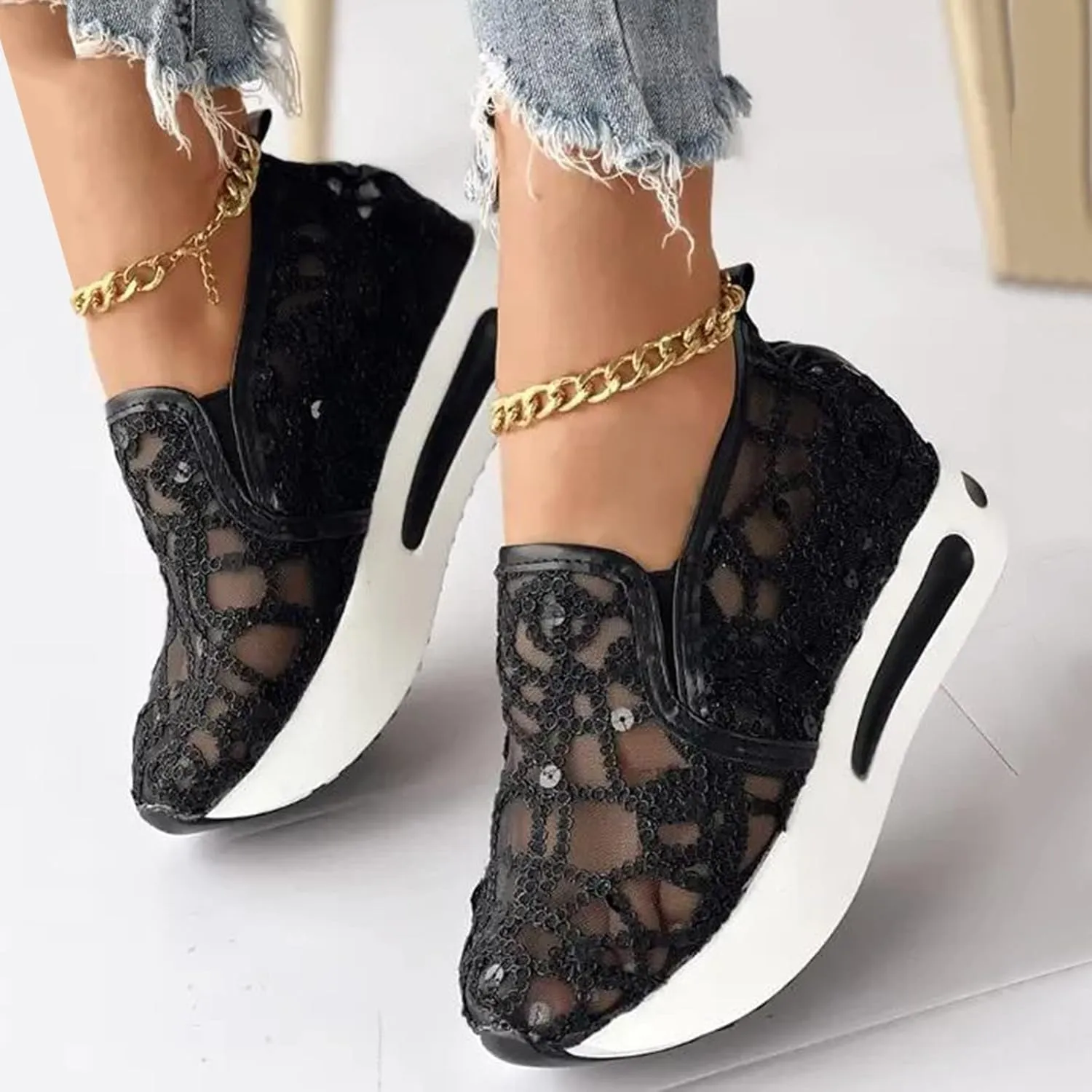 Hbeylia Platform Wedge Sneakers for Women Fashion Embroidery Floral Mesh Air Comfort Chunky Sole Hidden High Heels Slip On Loafers Breathable Walking Work Shoes with Arch Support