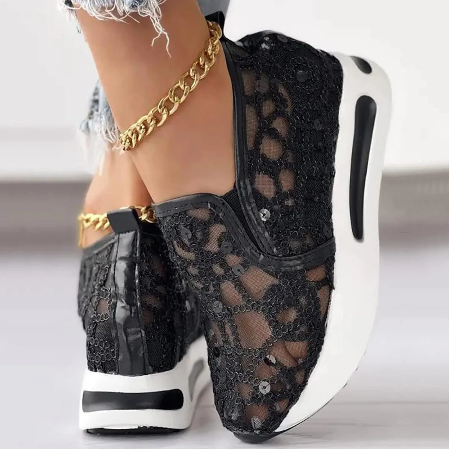 Hbeylia Platform Wedge Sneakers for Women Fashion Embroidery Floral Mesh Air Comfort Chunky Sole Hidden High Heels Slip On Loafers Breathable Walking Work Shoes with Arch Support