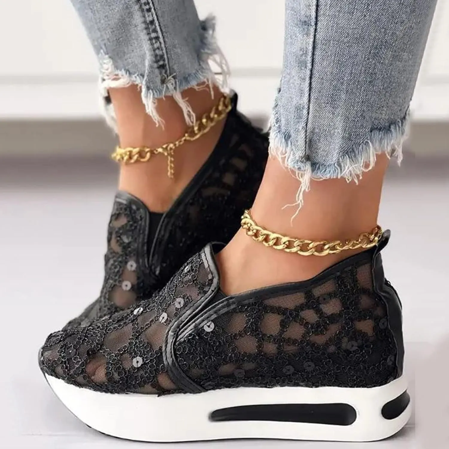 Hbeylia Platform Wedge Sneakers for Women Fashion Embroidery Floral Mesh Air Comfort Chunky Sole Hidden High Heels Slip On Loafers Breathable Walking Work Shoes with Arch Support