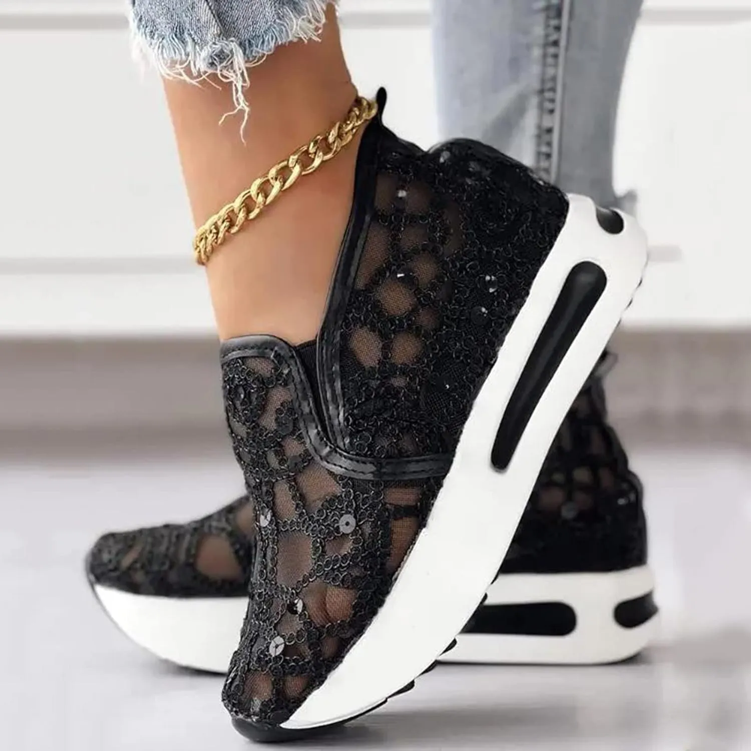 Hbeylia Platform Wedge Sneakers for Women Fashion Embroidery Floral Mesh Air Comfort Chunky Sole Hidden High Heels Slip On Loafers Breathable Walking Work Shoes with Arch Support