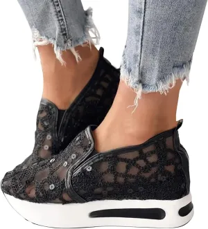 Hbeylia Platform Wedge Sneakers for Women Fashion Embroidery Floral Mesh Air Comfort Chunky Sole Hidden High Heels Slip On Loafers Breathable Walking Work Shoes with Arch Support