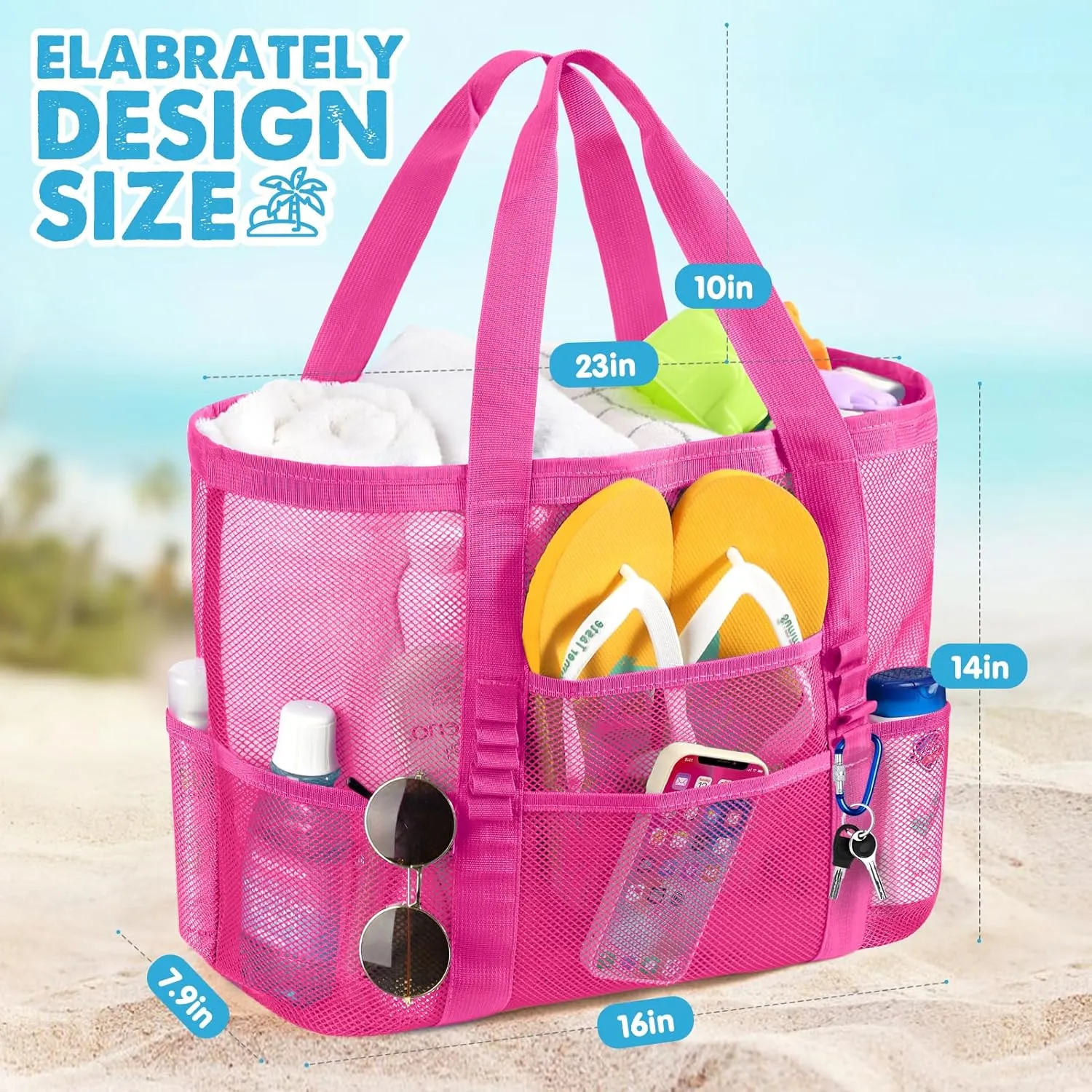 KPX Mesh Beach Bag, Large Beach Tote Bags for Women Foldable Mesh Swimming Pool Bag with Mini Pockets - Sandproof, Waterproof