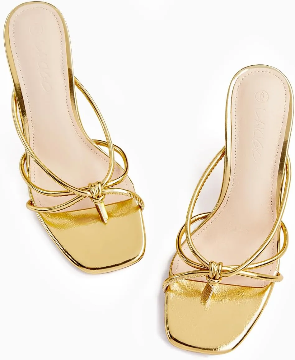 LAICIGO Women??s Square Open Toe Flip Flops Stiletto Heels Strappy Thong Slide on Slingback Mules Sandals