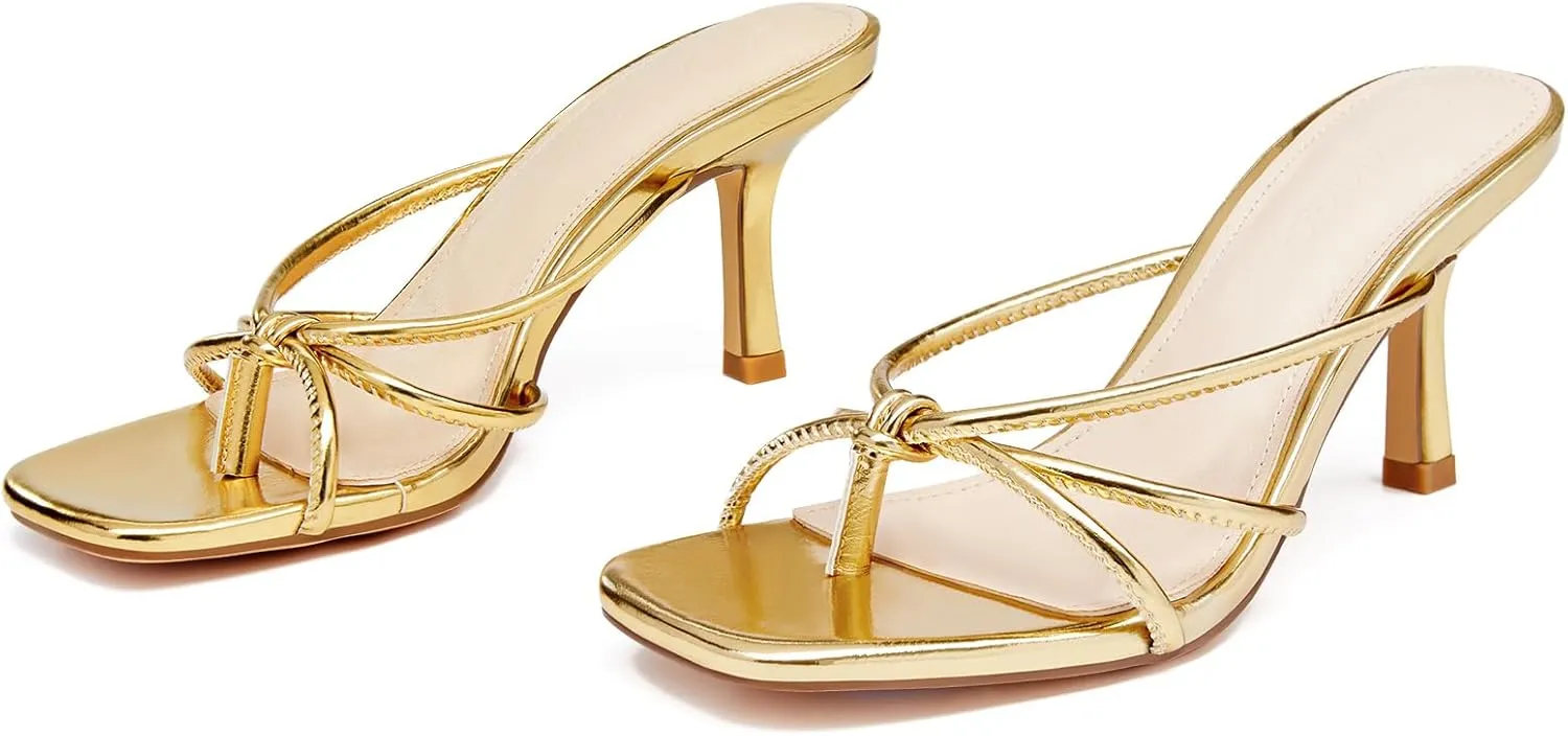 LAICIGO Women??s Square Open Toe Flip Flops Stiletto Heels Strappy Thong Slide on Slingback Mules Sandals