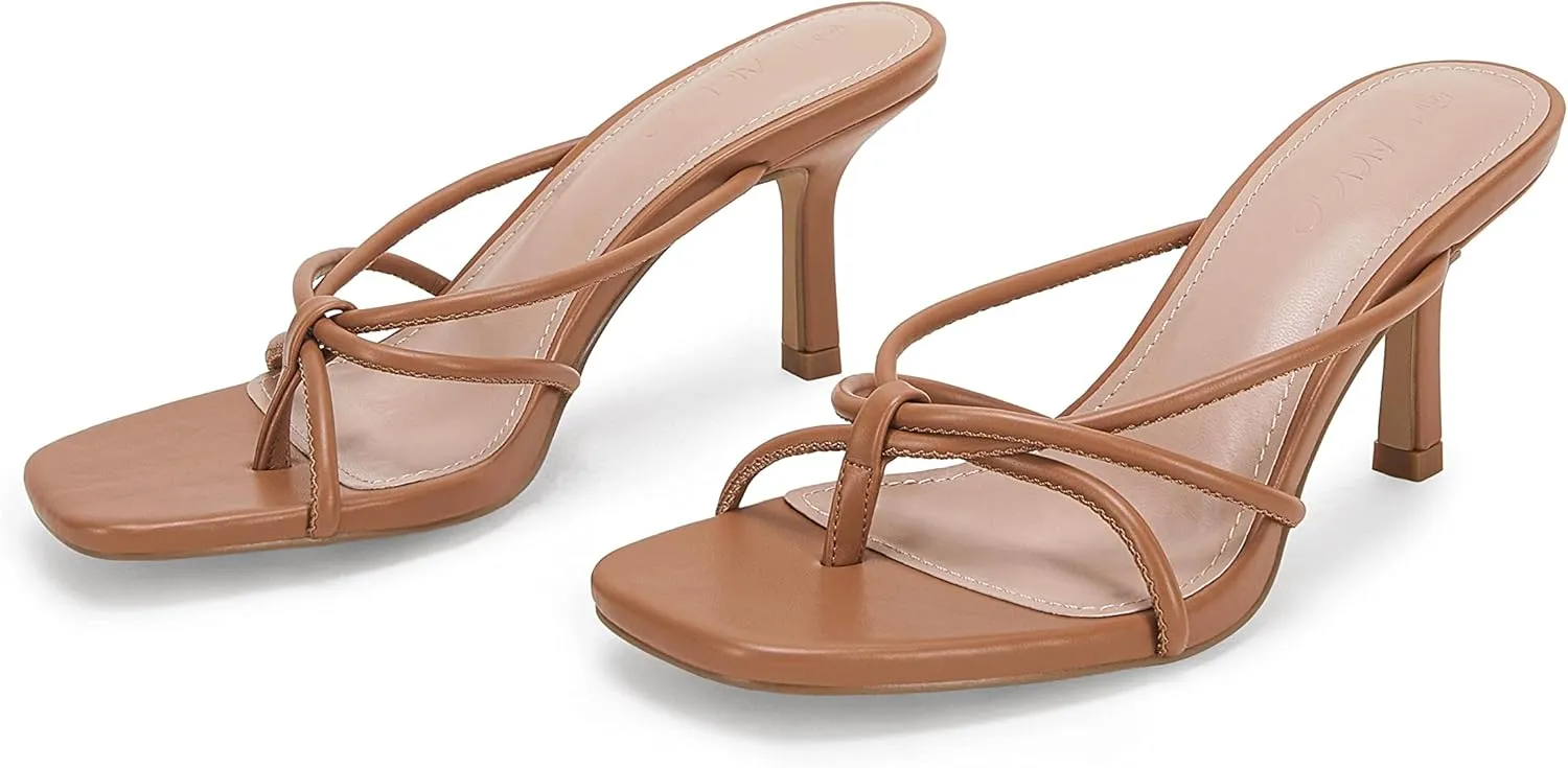LAICIGO Women??s Square Open Toe Flip Flops Stiletto Heels Strappy Thong Slide on Slingback Mules Sandals