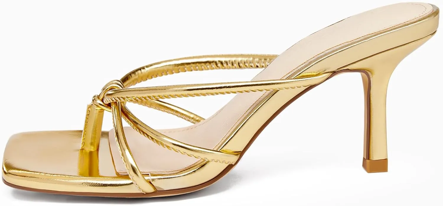 LAICIGO Women??s Square Open Toe Flip Flops Stiletto Heels Strappy Thong Slide on Slingback Mules Sandals